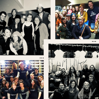 Four black-and-white group photos of smiling people posing indoors, arranged in a collage.