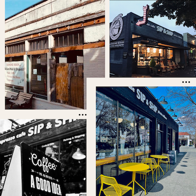 Collage of a SIP coffee shop exterior with black-and-white storefronts and yellow outdoor tables
