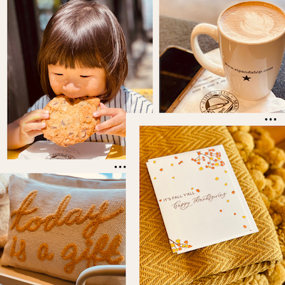 Collage of a child eating a pastry, a latte beside a phone, and cozy embroidered cushions and blanket