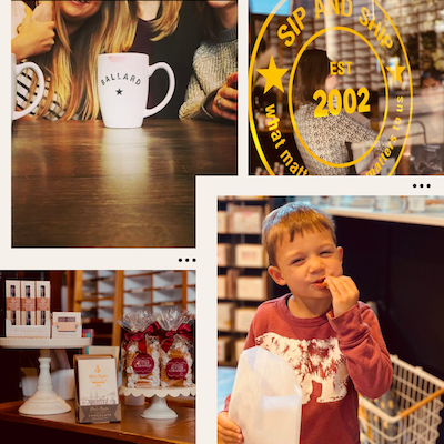Collage of coffee shop scenes with branded mug, pastries, and a child tasting a treat