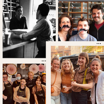 Collage of four candid group photos at a restaurant and event with smiling people and playful fake mustaches
