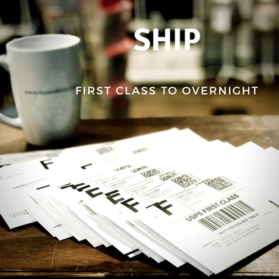 Mug beside stacked shipping labels on a wooden table, with text: “SHIP” and “First class to overnight”