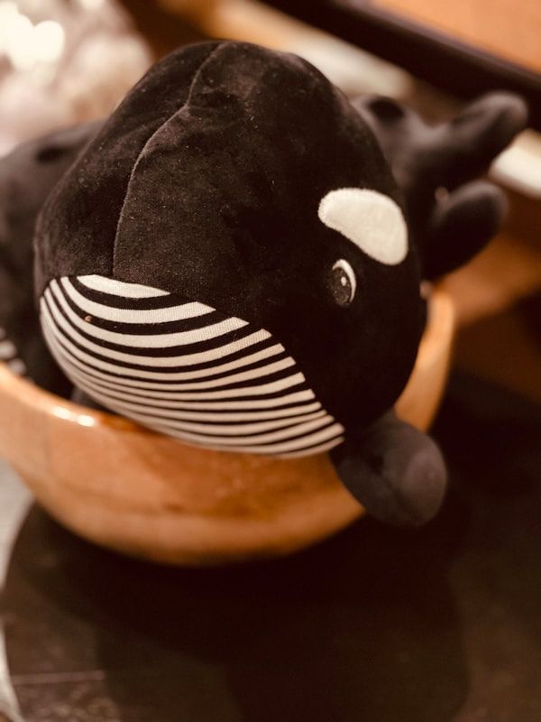 Small black-and-white plush whale resting in a wooden bowl on a dark surface.