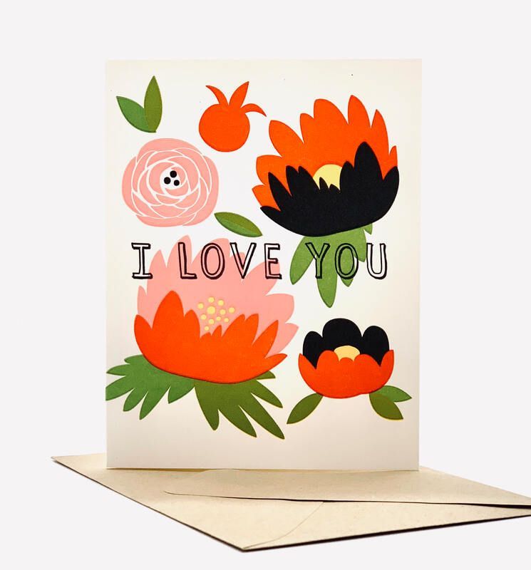 Floral greeting card with “I LOVE YOU” text and orange, black, and pink flowers on a cream background