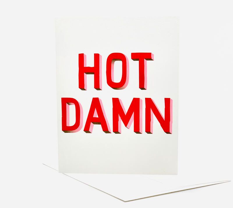 Red 3D text reading “HOT DAMN” on a white background.