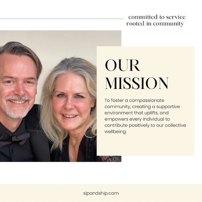 Two smiling people beside “Our Mission” text on a light background