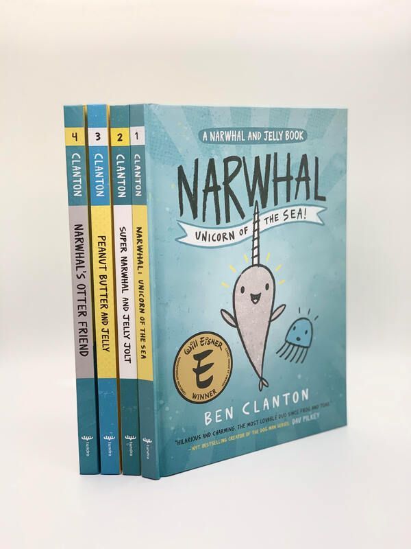 Three Narwhal and Jelly books, with a teal Narwhal cover featuring a smiling narwhal and “Ben Clanton” text