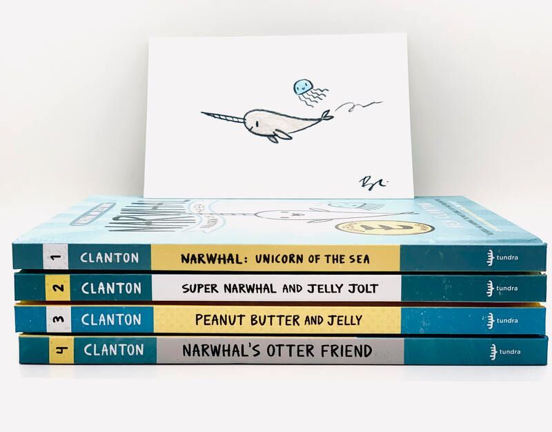 Four teal Clanton Narwhal books stacked with a narwhal drawing card above them.