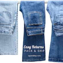 Three folded jeans in light, dark, and faded blue with “Easy Returns PACK & SHIP” text on the center pair