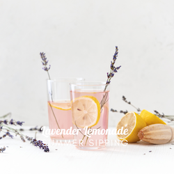 Lavender lemonade in clear glasses with lemon slices and lavender sprigs on a white table