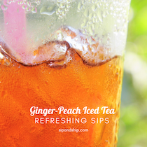 Glass of ginger-peach iced tea with ice and peach slices, overlaid with “Refreshing Sips” text