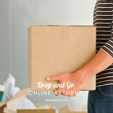 Person holding a cardboard box with “Drop and Go Online Return” text and a brand logo.