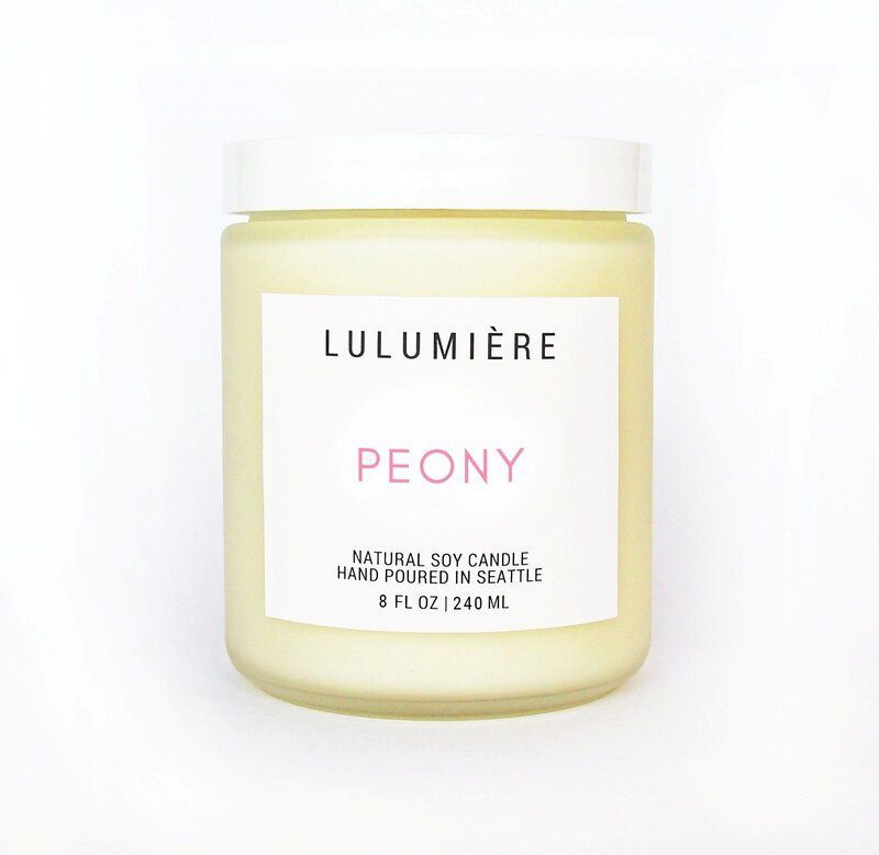 Lulumiere Peony natural soy candle in frosted glass jar with white lid