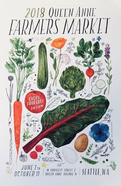 Poster for the 2018 Queen Anne Farmers Market with illustrated vegetables and Seattle, WA text