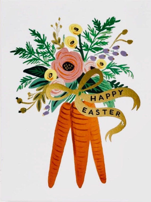 Easter bouquet in a carrot-shaped vase with “Happy Easter” ribbon on a white background
