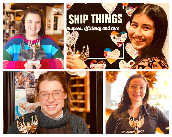Four smiling people in a four-panel collage, each holding craft items in a shop setting
