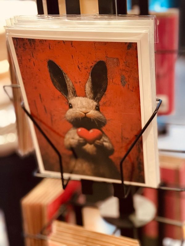 Rabbit illustration holding a red heart on an orange card in a metal display rack