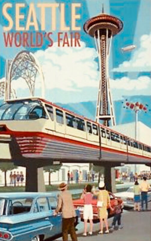 Seattle World’s Fair poster with Space Needle, monorail, and visitors under a blue sky