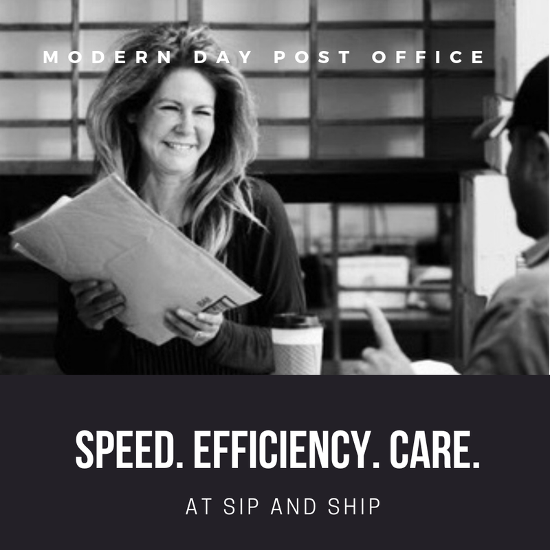 Woman smiling while holding mail at a modern post office; text reads “Speed. Efficiency. Care.”