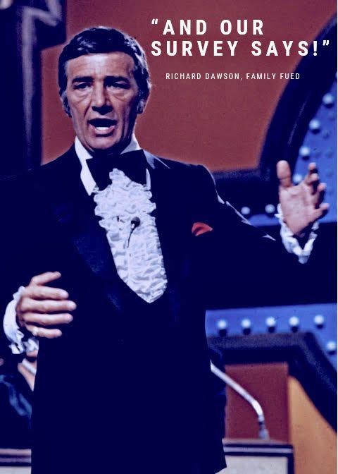 Man in a tuxedo speaking onstage with caption “And our survey says!”