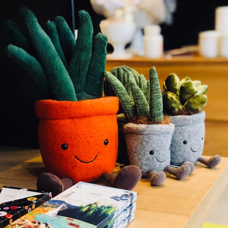 Three smiling plush succulents in orange, white, and gray pots on a wooden table.
