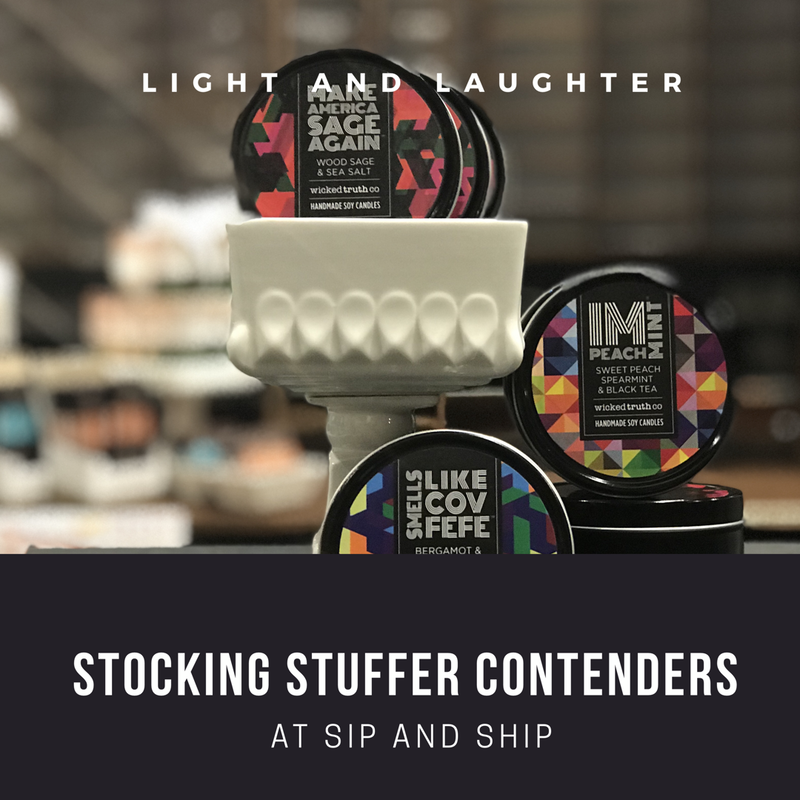 Gift jars and round labels displayed with “Stocking Stuffer Contenders” and “At Sip and Ship” text.
