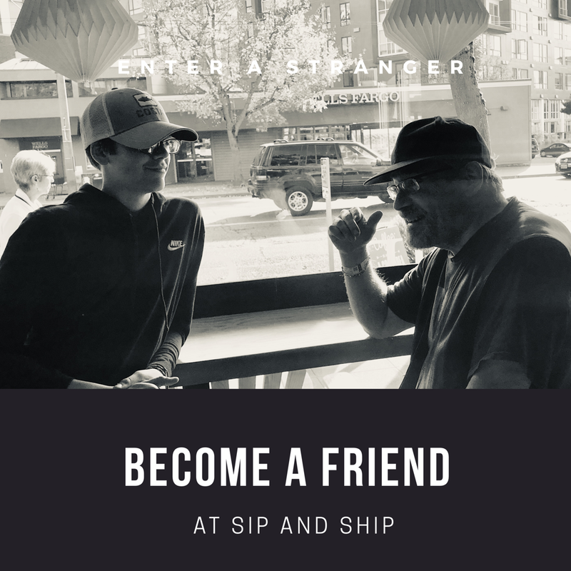 Two people chatting at a café window with “BECOME A FRIEND AT SIP AND SHIP” text below
