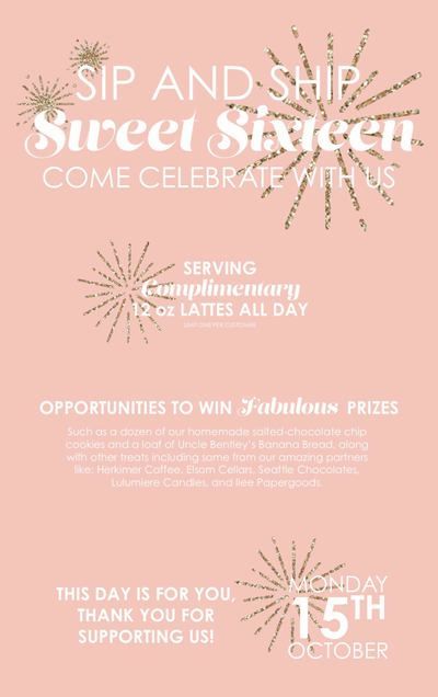 Pink Sweet Sixteen party flyer with fireworks, prizes, and date details on a pastel background