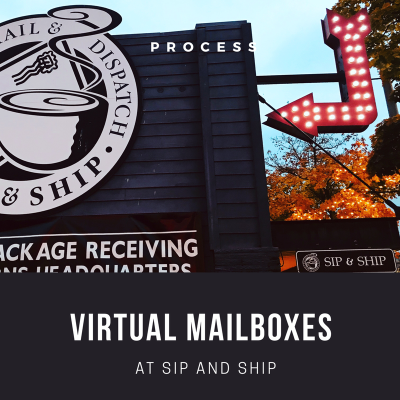 Virtual mailboxes sign at Sip & Ship with red arrow lights and package receiving entrance