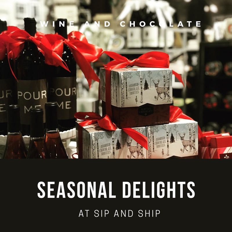 Holiday gift boxes with red ribbons and wine bottles, with “Seasonal Delights” text.