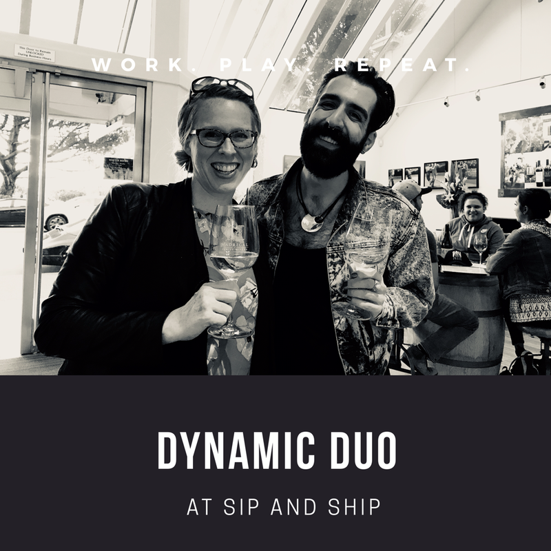 Two people smiling and holding wine glasses at Sip and Ship, with “Dynamic Duo” text below.