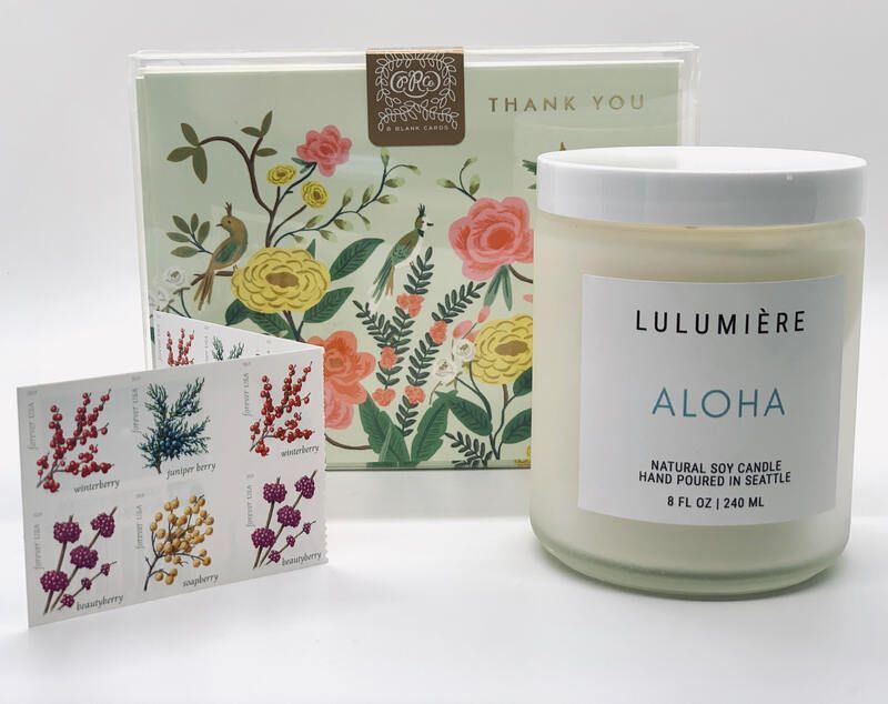 Floral thank-you card set and candle gift jar with soft green and pink botanical designs