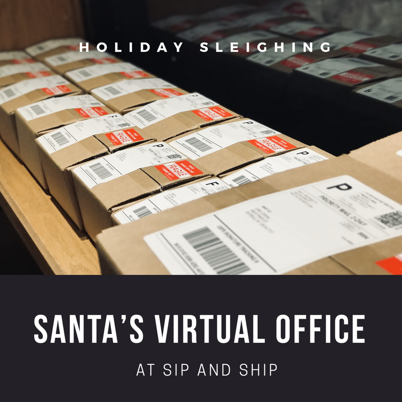 Stacked holiday packages on conveyor belt with text: “Santa’s Virtual Office at Sip and Ship.”