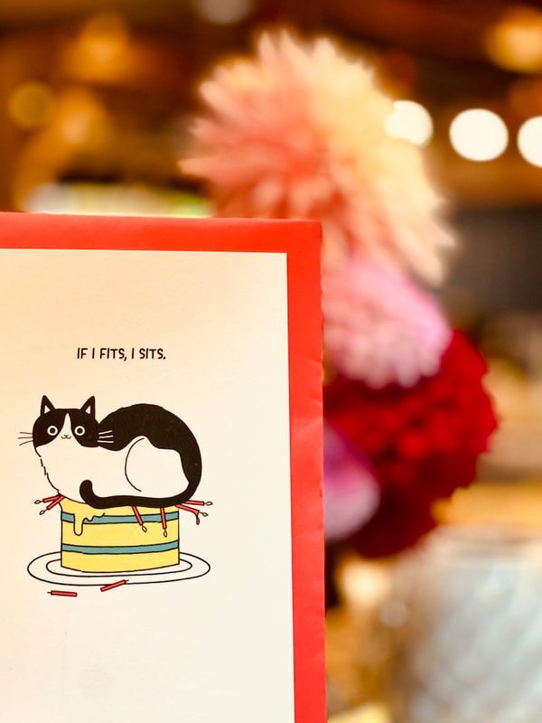 Cat cartoon on a cream card with red border, reading “If it fits, I sits.”