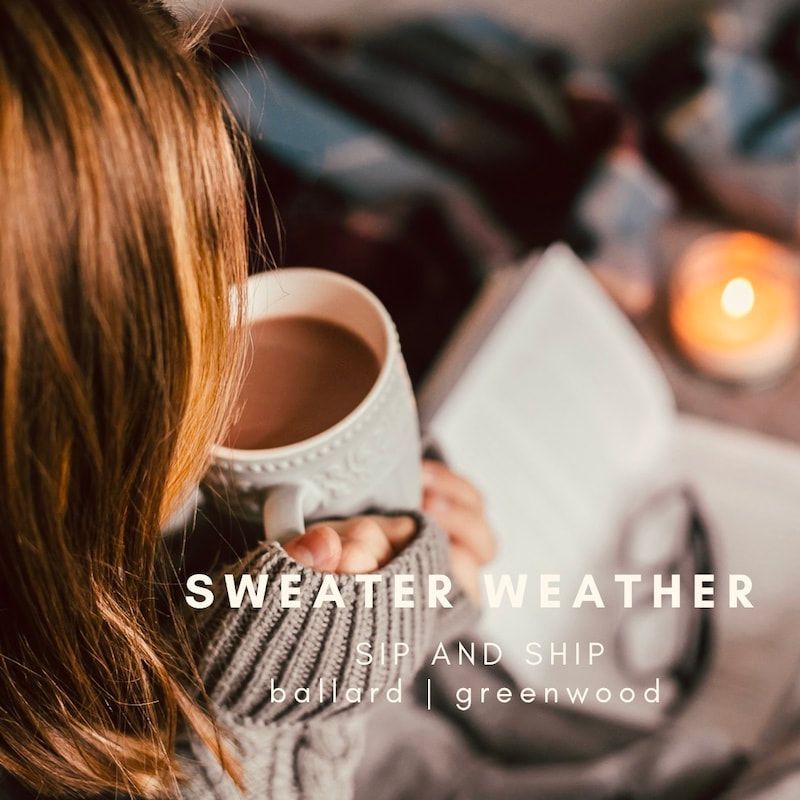 Person holding a mug beside a book and lit candle, with “Sweater Weather” text overlay.