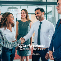 Four business professionals in an office hallway with “Office Agreements Mobile Notary” text overlay