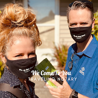 Two masked staff members outdoors, one holding a hand sanitizer bottle, with “We Come To You” text.