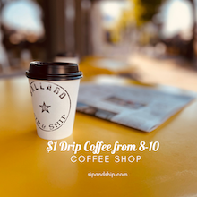 Coffee cup on a sunny table with promo text offering $1 drip coffee from 8–10 at a coffee shop