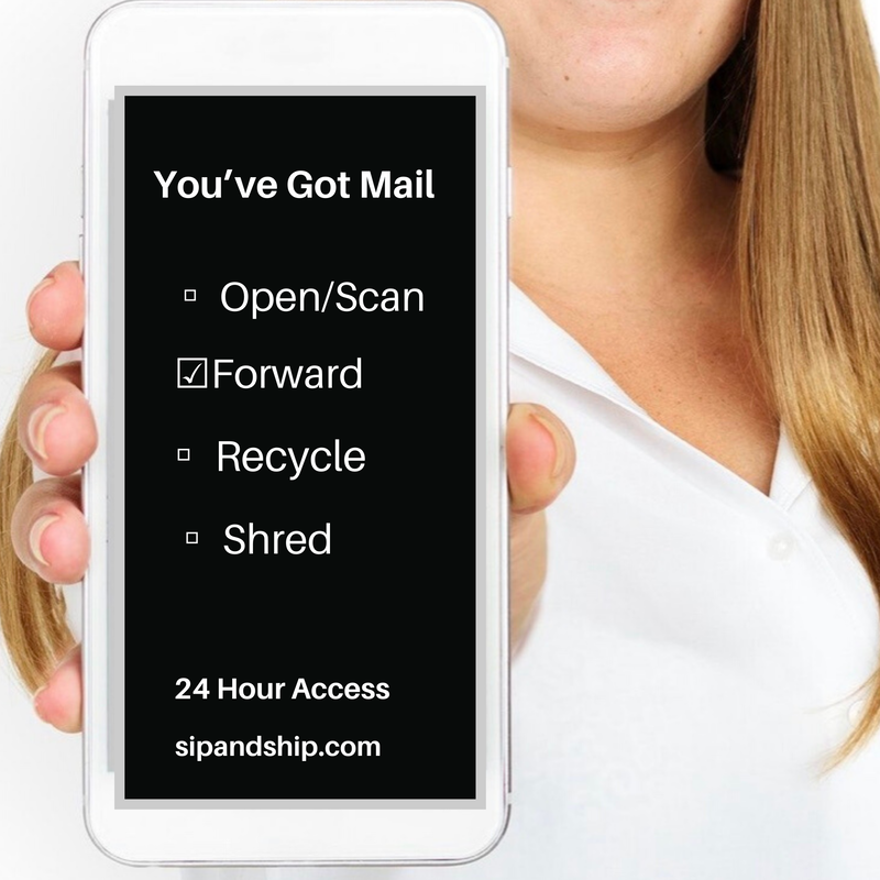 Phone showing mail options: Open/Scan, Forward, Recycle, Shred, with 24 Hour Access sipandship.com