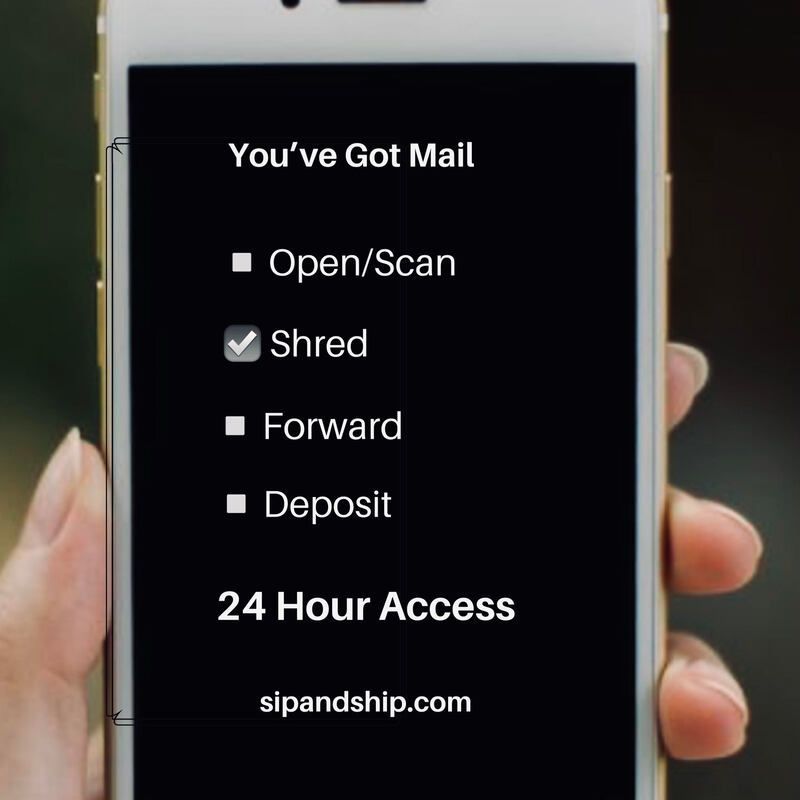 Smartphone screen showing mail service options: Open/Scan, Shred, Forward, Deposit, and 24 Hour Access.