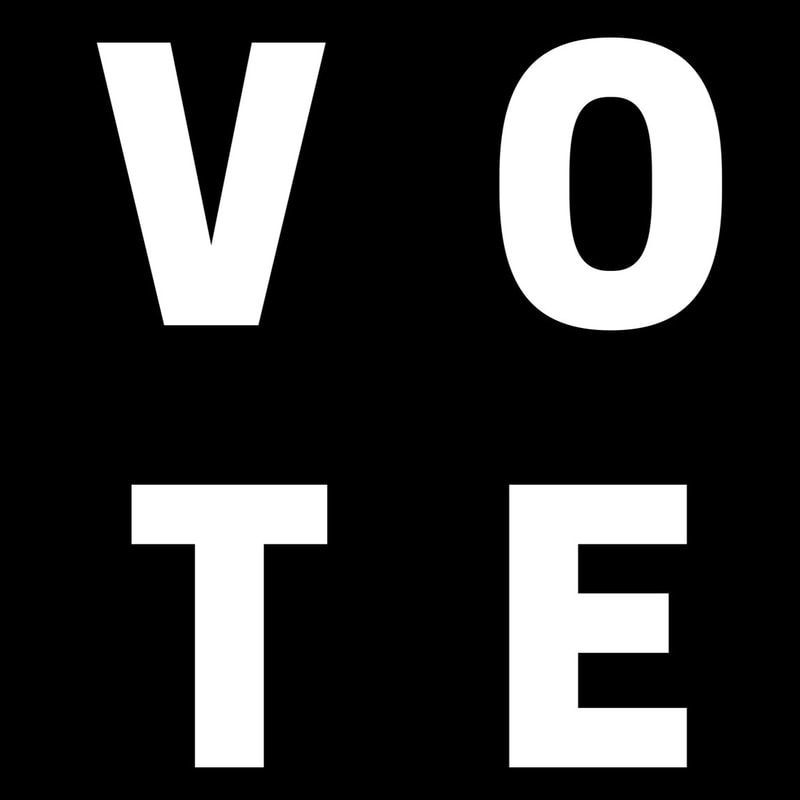 White “VOTE” letters on a black background, arranged in a 2x2 grid.
