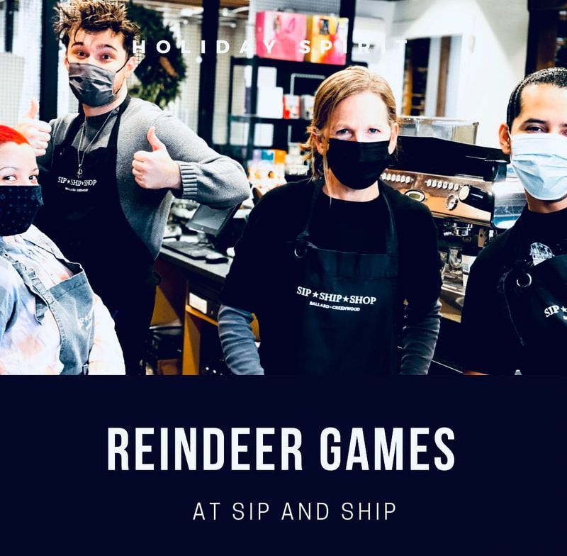 Four masked people posing in a shop; text reads “Reindeer Games at Sip and Ship.”