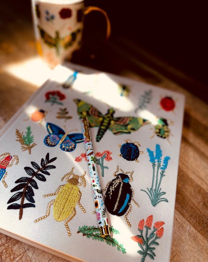 Mug and two insect-themed illustrated cards on a sunlit wooden table