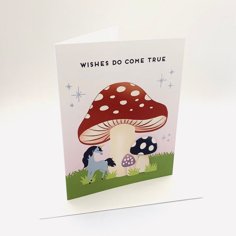Greeting card with mushrooms and the text “Wishes Do Come True”