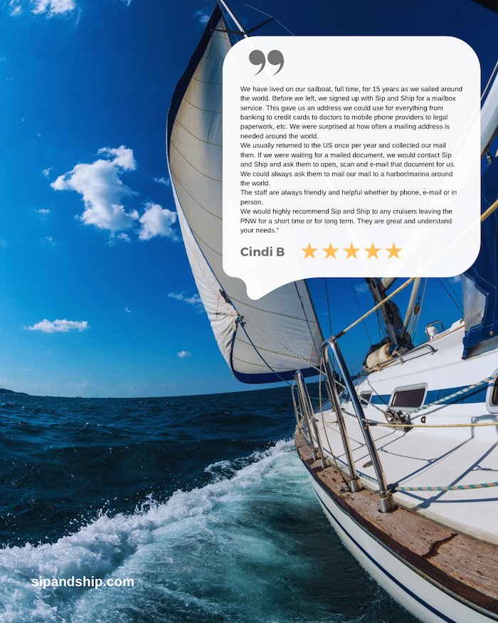 Sailboat cutting through blue ocean under a bright sky, with a testimonial quote overlay.