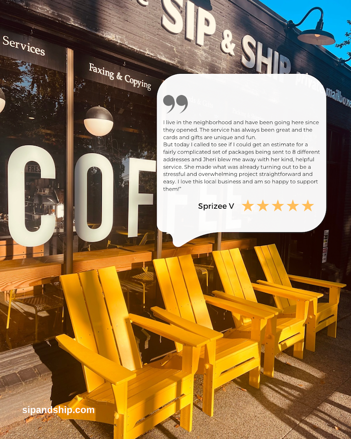 Yellow chairs outside a coffee shop with a customer review overlay on the window