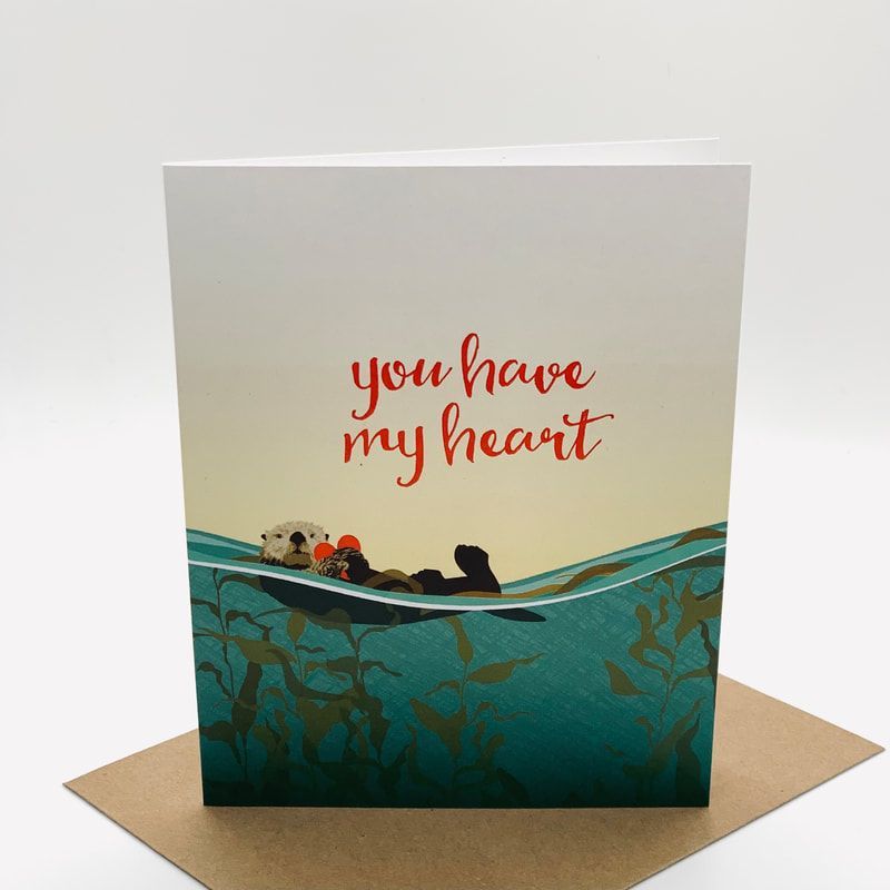 Greeting card with red “you have my heart” text over a teal underwater scene featuring a small boat and fish