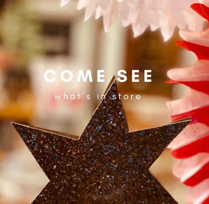 Star-shaped ornament in front of blurred red and white flowers with text “COME SEE what’s in store”