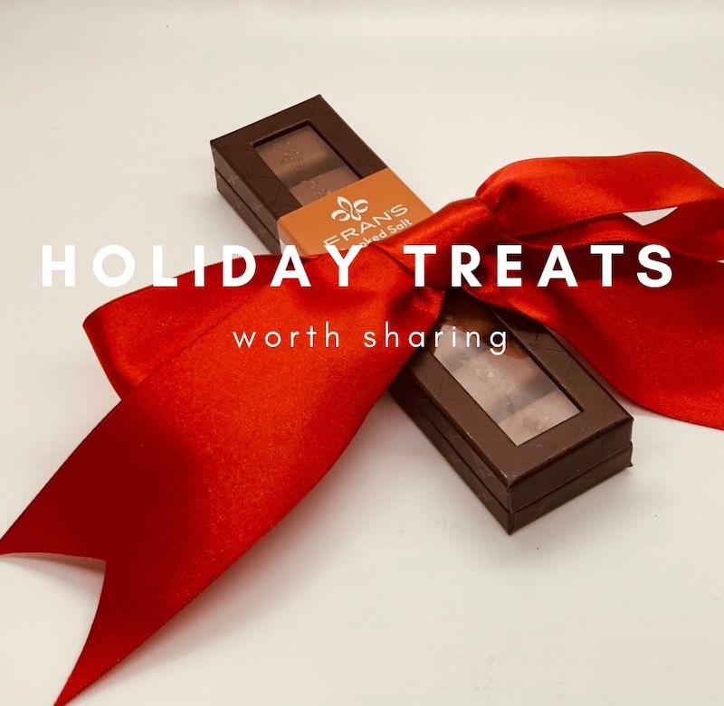 Chocolate gift boxes tied with a bright red ribbon on a white background, with “Holiday Treats” text
