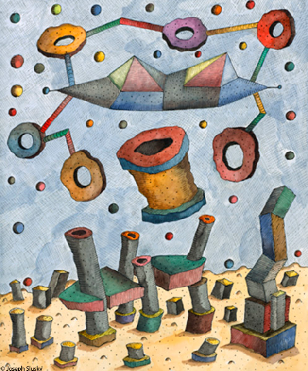 Abstract watercolor painting of floating geometric shapes in a blue sky.